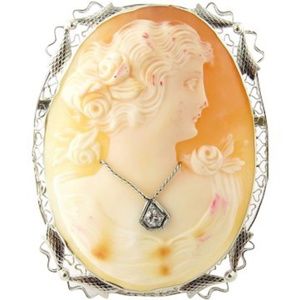 Vintage 10 Karat White Gold and Diamond Cameo Pendant/Brooch #3279